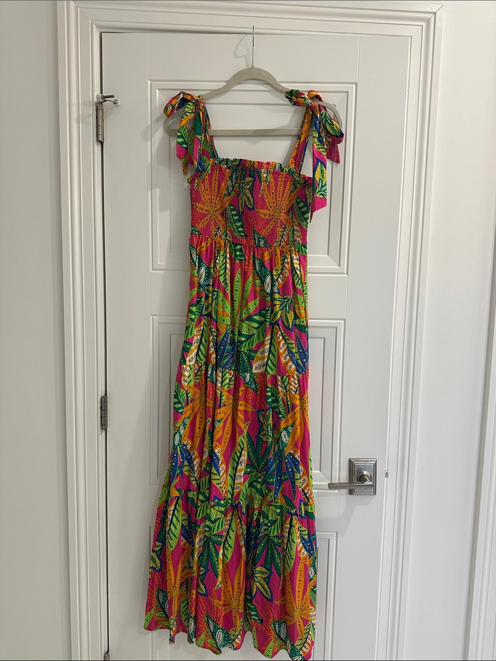 Flying Tomato Hot Pink Tropical Leaf Tie-Shoulder Maxi Dress